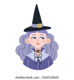 Witch beautiful girl portrait, cartoon style. Trendy modern vector illustration isolated on white background, hand drawn, flat design.