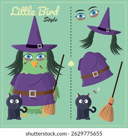 Witch bird with black cat. Vector illustration
