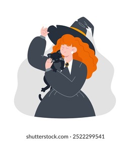 Witch in Black Attire and Hat is Holding a Black Cat for Halloween