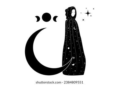 Witch in a black cape, Mystical priestess in a magical cloak with head hood on the black crescent moon. Triple goddess, wiccan woman, concept of esoteric magic sacred female in boho stile, isolated 