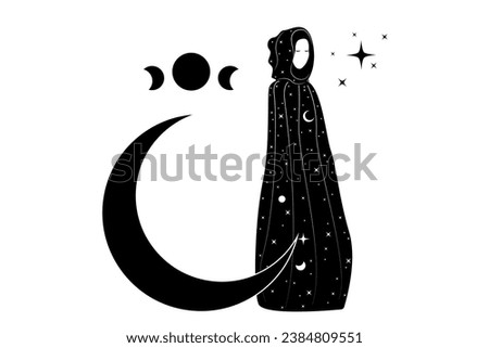 Witch in a black cape, Mystical priestess in a magical cloak with head hood on the black crescent moon. Triple goddess, wiccan woman, concept of esoteric magic sacred female in boho stile, isolated  Stock photo © 