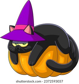 Witch Black Cat Cartoon Character Sitting On Pumpkin. Vector Hand Drawn Illustration Isolated On Transparent Background