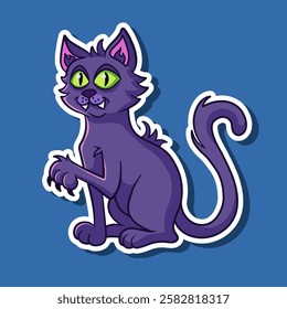 Witch black cat cartoon illustration sticker. Vector Halloween decoration element. Halloween-themed element