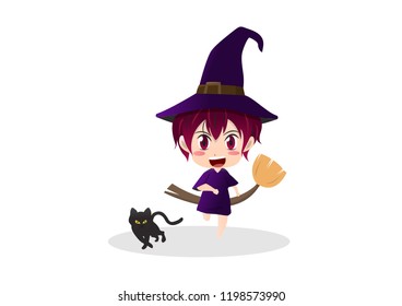 witch and black cat character for halloween vector illustration