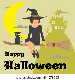 Witch and black cat flying with broom on Halloween day vector 