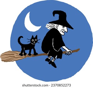 Witch and black cat flying on a broomstick