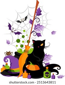 Witch black cat with witch hat, broom, spiders, poison, flying bats and pumpkin. Halloween decoration element.