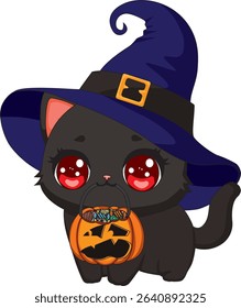 Witch Black Cat With Hat Holding Candy Basket Vector