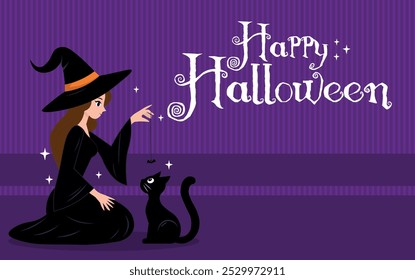 bruxa, com gato preto, ilustração, ao luar, com o texto, Feliz Halloween, fundo, banner