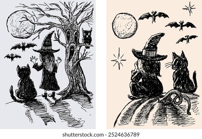 Bruxa com gato preto à luz da lua mágica noite de Halloween, ilustrações desenhadas à mão vetor 