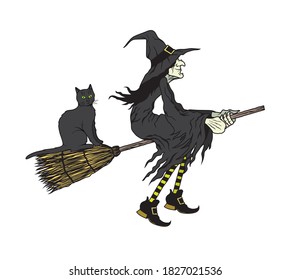 Witch with a black cat on a broom