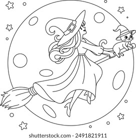 Witch and black cat riding on broomstick on moon background colouring. Halloween Outline Coloring Page