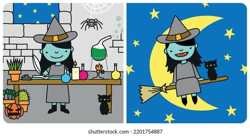 Witch and black cat vector illustration