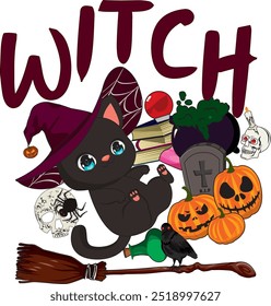 Witch black cat with witchcraft things