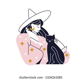 Witch and black cat. Woman wizard in Halloween pointed hat with cute kitty. Sorcerer lady and magic feline animal. Pretty female magician. Flat vector illustration isolated on white background