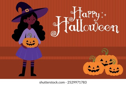 bruxa, preto, bonito, ilustração, ao luar, com o texto, Feliz Halloween, fundo, banner, em tons de laranja