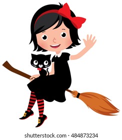 Witch in black dress flying on a broom with her cat Stock Vector cartoon illustration isolated on white background
