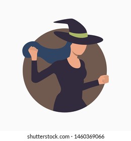 Witch in black dress on brown round background. Halloween, cartoon characters, costume. Vector illustration for poster, leaflet, brochure