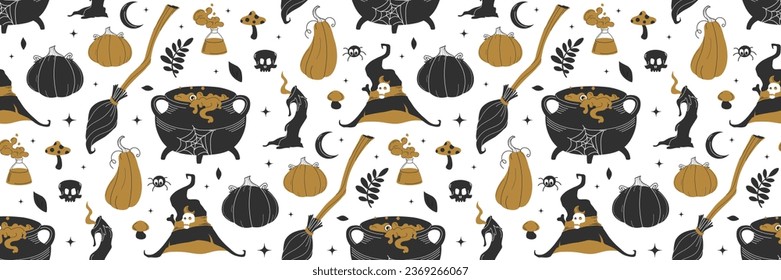 Witch black and gold seamless pattern. Vector flat illustration. Halloween background. Witch vibes lettering and magic items. Pattern for background, printing on wrapping paper, wallpaper or fabric.