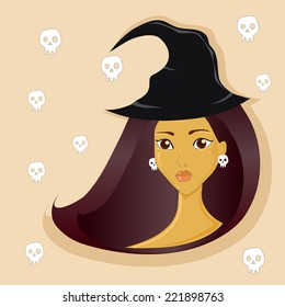 Witch in black hat with skulls