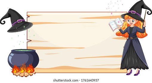 Witch with black magic pot and broomstick and blank banner paper cartoon style isolated on white background illustration