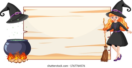 Witch with black magic pot and broomstick and blank banner paper cartoon style isolated on white background illustration