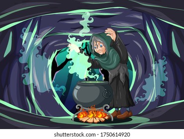 Witch with black magic pot cartoon style on dark cave background illustration