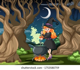 Witch with black magic pot cartoon style on dark forest background illustration