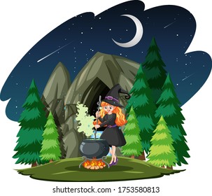 Witch with black magic pot cartoon style on dark forest background illustration