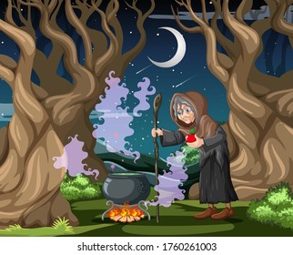 Witch with black magic pot cartoon style on dark jungle background illustration