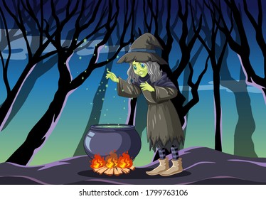 Witch with black magic pot cartoon style on dark jungle background illustration