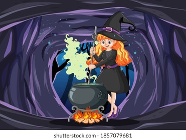 Witch with black magic pot cartoon style on dark cave background illustration