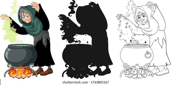 Witch with black magic pot in color and outline and silhouette cartoon character isolated on white background illustration