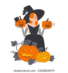 Witch in Black Outfit Holding Pumpkin Lanterns for Halloween