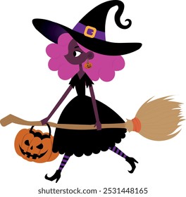 Witch, black with purple hair, holding a broom, and a Halloween candy pumpkin