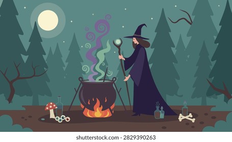 Witch in a black robe brewing a magical potion in a cauldron inside a dark forest.