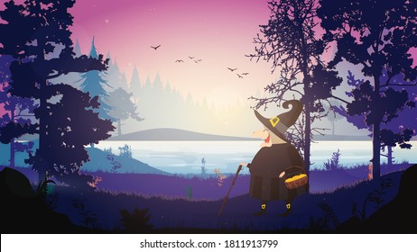 A witch in a black robe walks through the forest. Witch with a hat. Suitable for Halloween-themed designs. Isolated. Vector.