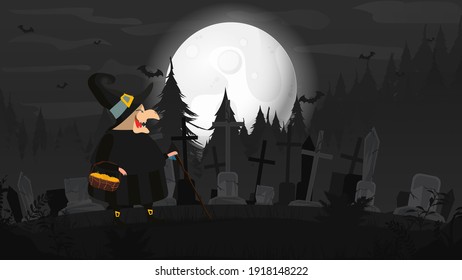 A witch in a black robe walks through the cemetery. Witch with a hat. Suitable for Halloween-themed designs. Vector.