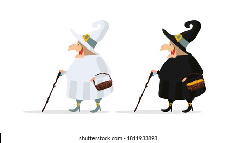 Witch in a black robe. Witch in a white hat. Good for a Halloween-themed design. Isolated. Vector.