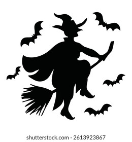 Witch Black Silhouette on Broomstick Isolated on White Background Vector Illustration