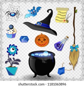 Witch blue accessories vector set. Pointed hat, cauldron, pumpkin jack, broomstick, bat, spider, potion bottle, plant, cupcake, spell scroll, amulet on transparent background framed with spider web