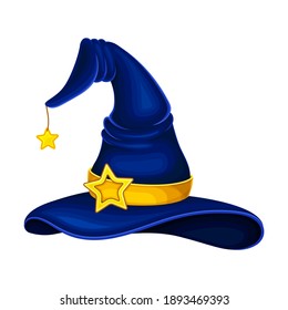 Witch Blue Pointed Hat with Belt and Wide Brim Vector Illustration
