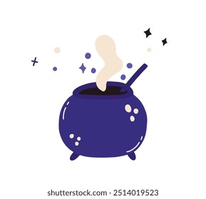 Witch boiler isolated on white background. Halloween witch cauldron magic potion. Cooking spell bubble. Wizard scary boiling soup. Vector flat hand drawn illustration