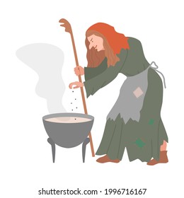 Witch Boiling Poison In Cauldron As Fabulous Medieval Character From Fairytale Vector Illustration