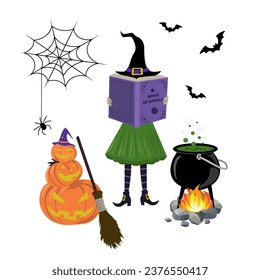 witch with a book by the fire brews a potion in a cauldron. pumpkin and broom, spider, cobweb, bats