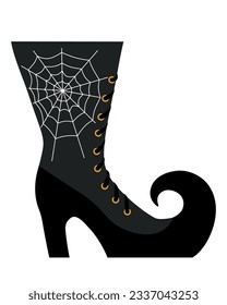 Witch boot with white spider web design for Halloween.