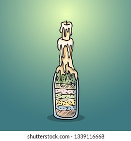 Witch bottle doodle image. Bottle filled with magical ingredients.