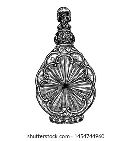 Witch bottles with magic liquid or poison and love potion, line and dot stipple art, hand drawn. Flash tattoo design. Vector