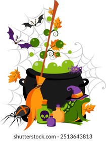 Witch bowl with broom, spiders, poison, flying bats and frog. Halloween decoration element.