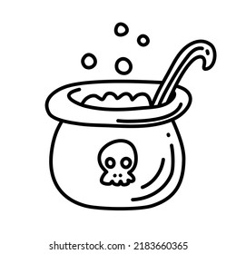 Witch Bowl. Bubbling Cauldron. Vector Doodle Hand Drawn Illustration.